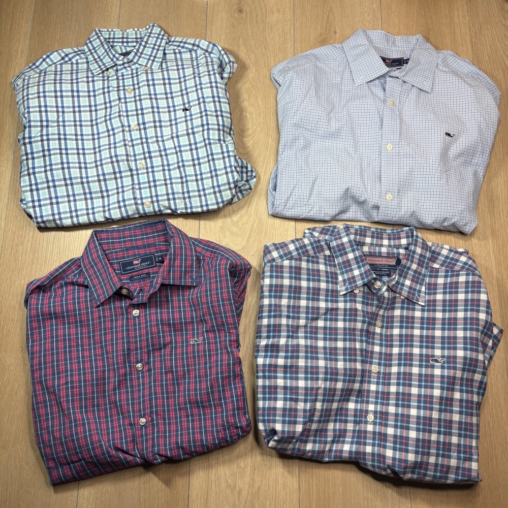 LOT OF 4 Vineyard Vines Mens Whale Shirt Bundle Plaid Check Button Down Medium